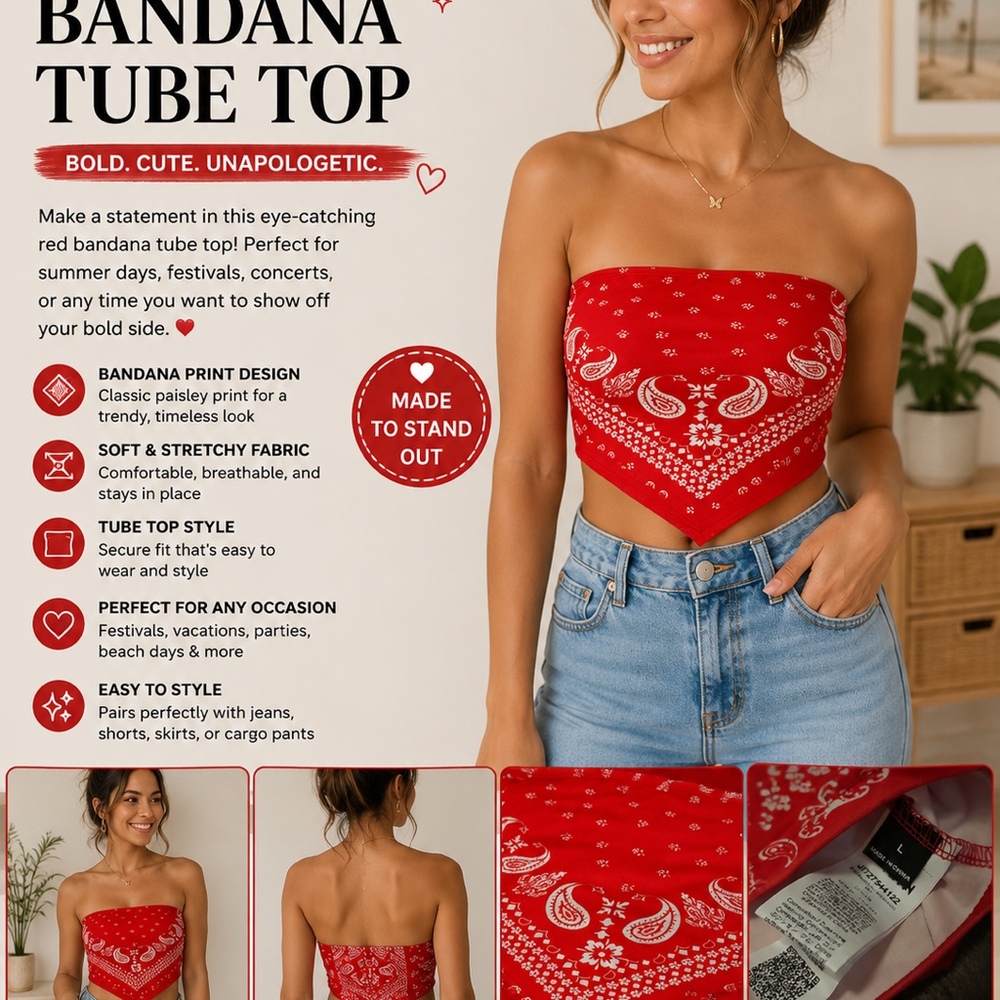 Red Bandana Print Tube Top | Y2K Festival Crop Top | Size Large